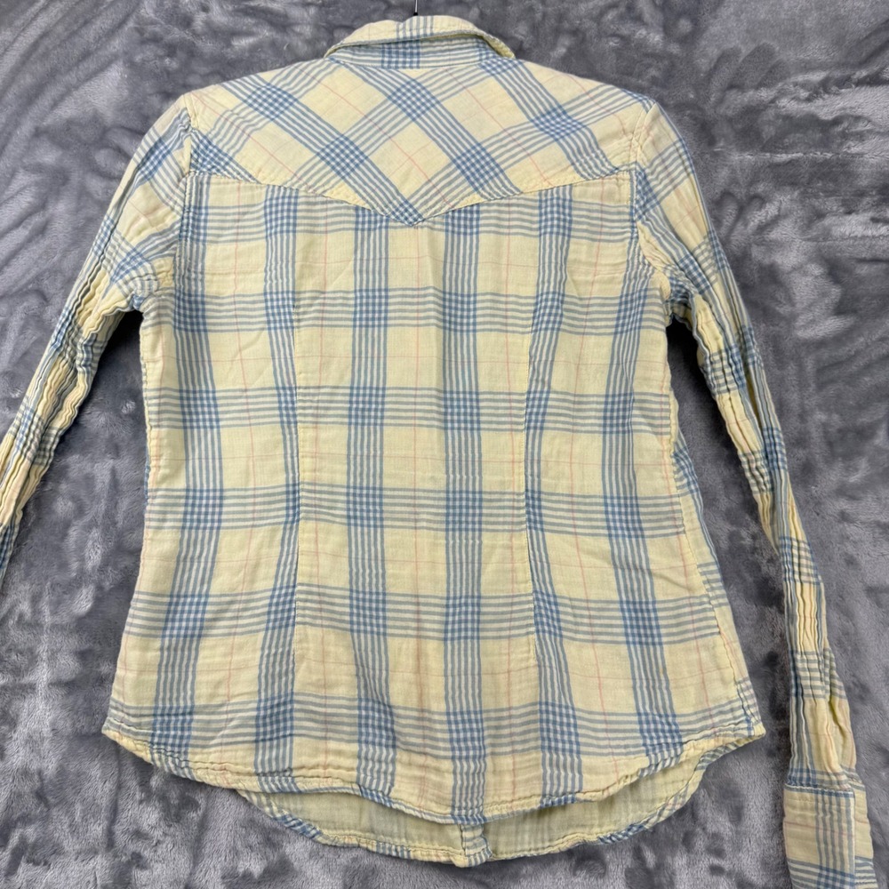 American Eagle Womens Plaid Snap Front Western Gauze Shirt Yellow Blue Size 10 - Picture 12 of 15